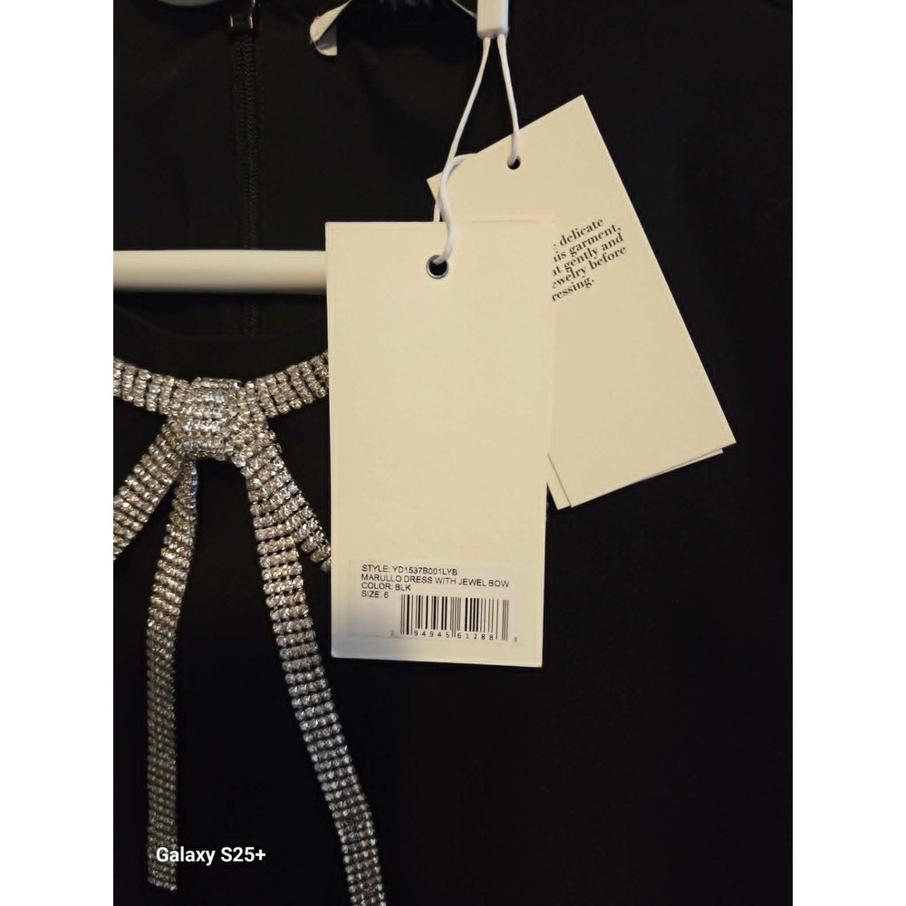 Likely Marullo Dress Women 6 Black NWT Feather Trim Rhinestone Jewel Bow Mini - Picture 2 of 4